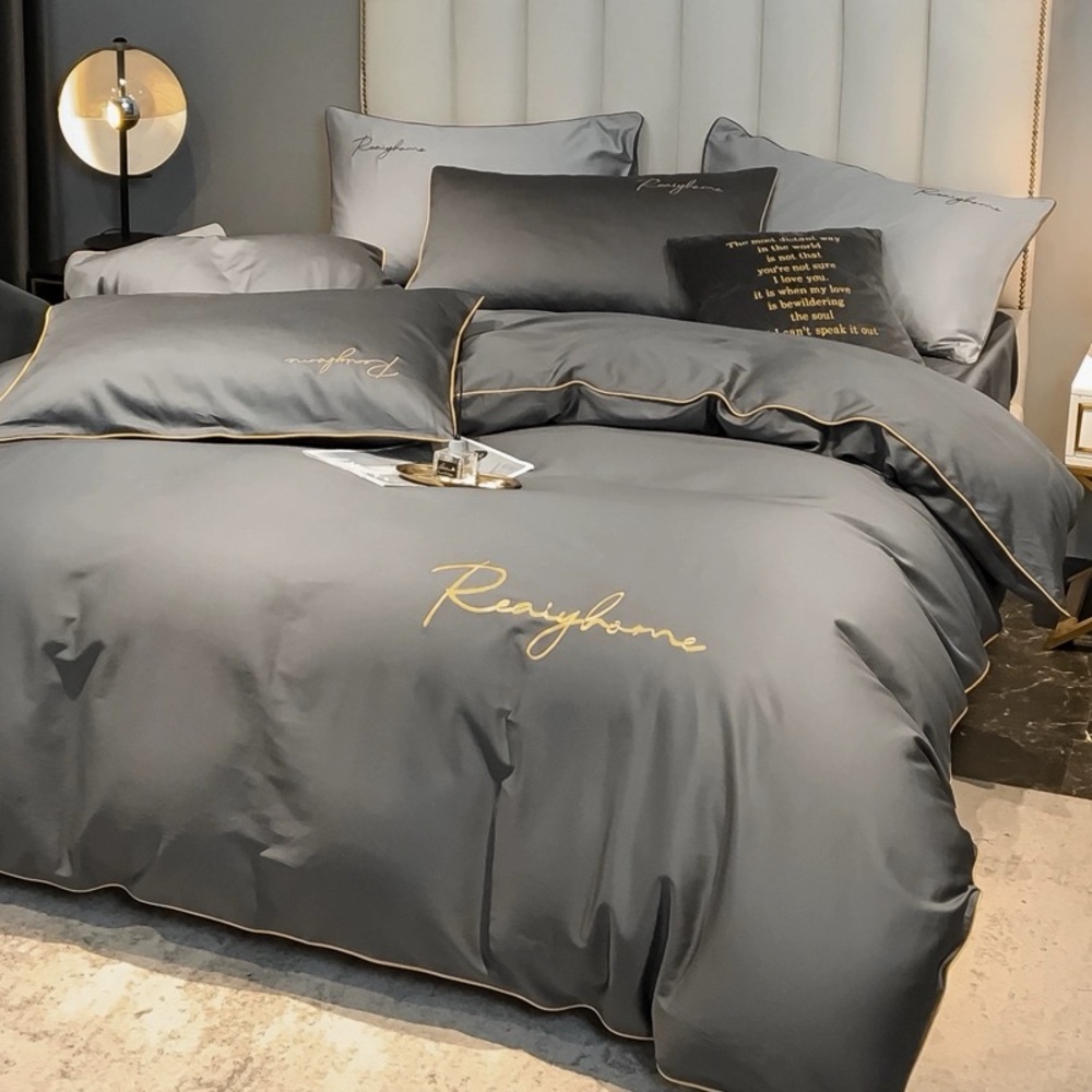 Cotton Embroidered Four-Piece Simple Letter Embroidered Bed Linen